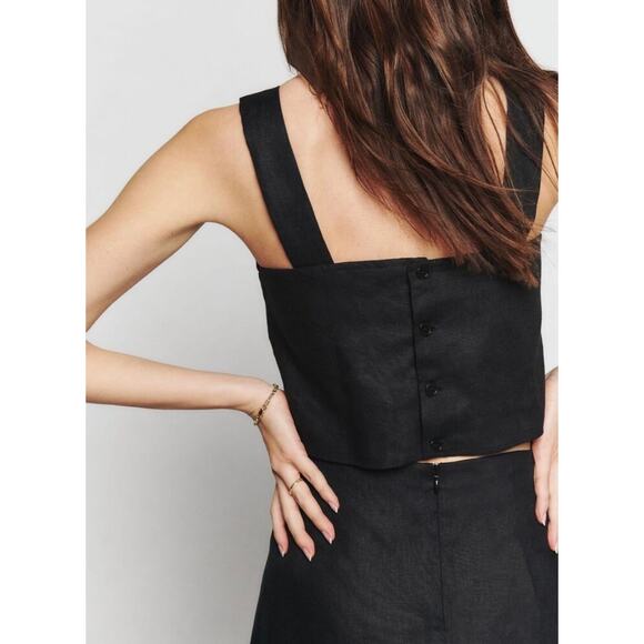 REFORMATION Lorin Linen Crop Top Womens XS Extra Small Black Tank Wide Strap NEW - Picture 2 of 16